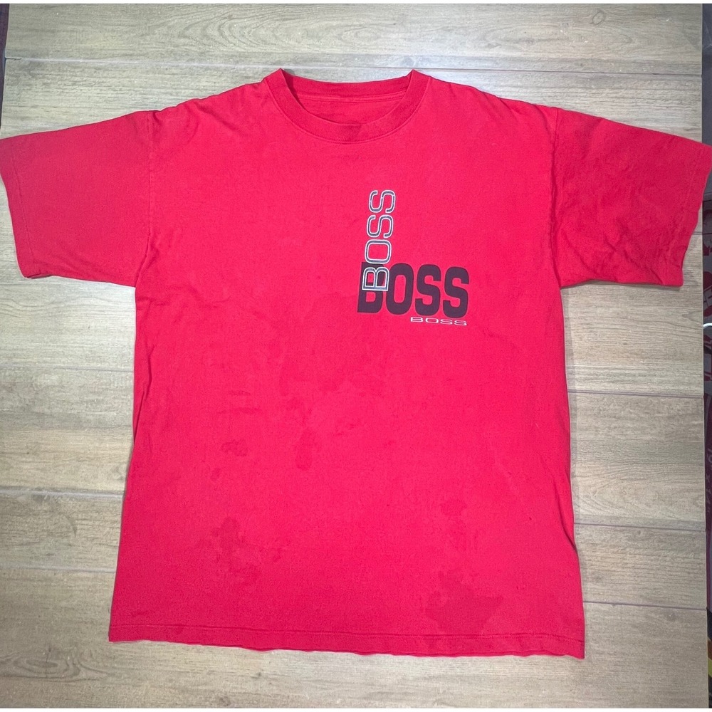 Vintage Hugo Boss Mens Red Graphic T-Shirt Oversized Logo Y2k Crewneck Thrashed